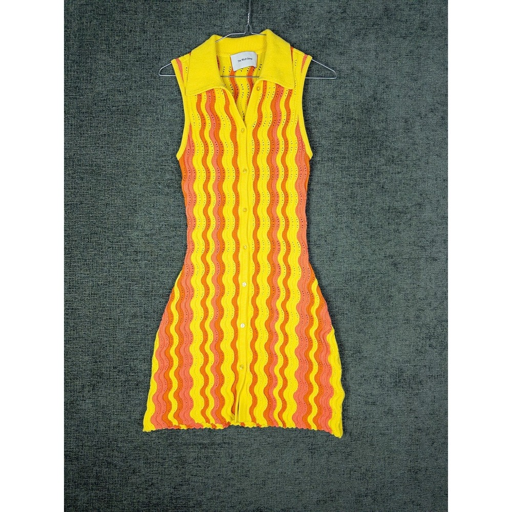 The Wolf Gang Crochet Knit Mini Dress Womens XS Yellow Orange Wave Stripe Sleeve